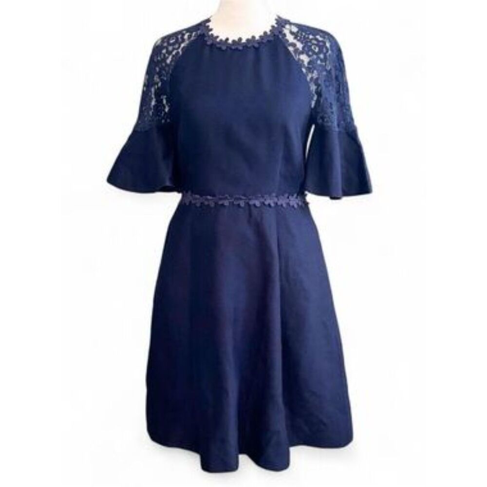 Draper James Maggie Dress Size 4 Silk Linen Blend Nassau Navy Blue